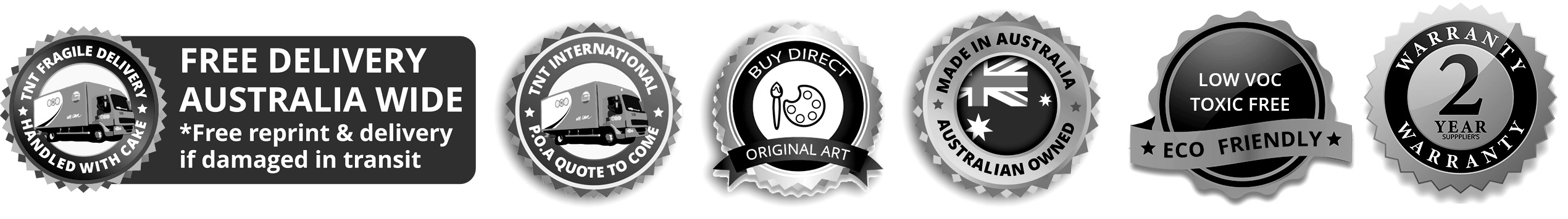 Warranty. Free Delivery Australia Wide. Low-VOC. Australian Made Banner Icons