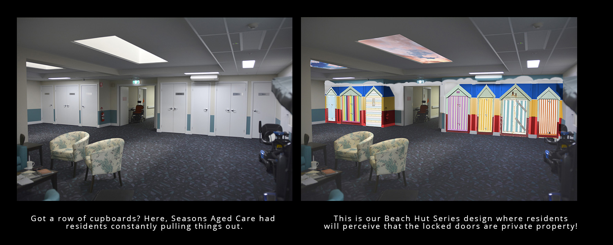 Cupboard diversion decorations- The Beach Hut Series designed for Seasons Aged Care by The Mural Shop