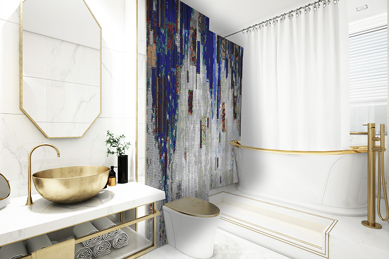 decorative building finishes as abstract mosaic tile art in bathroom