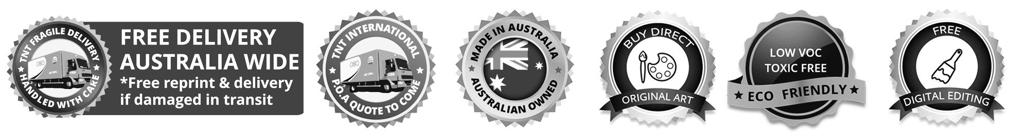 icons for free delivery Australia Wide | Australia Made | Free Digital Colour Editing | International Freight Priced POA | Low VOC Eco Friendly