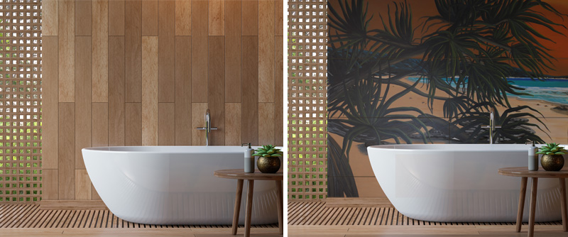 Figurative art of a Noosa beach scape with rocks and pandanas delivered as a Tile Mural in a bathroom