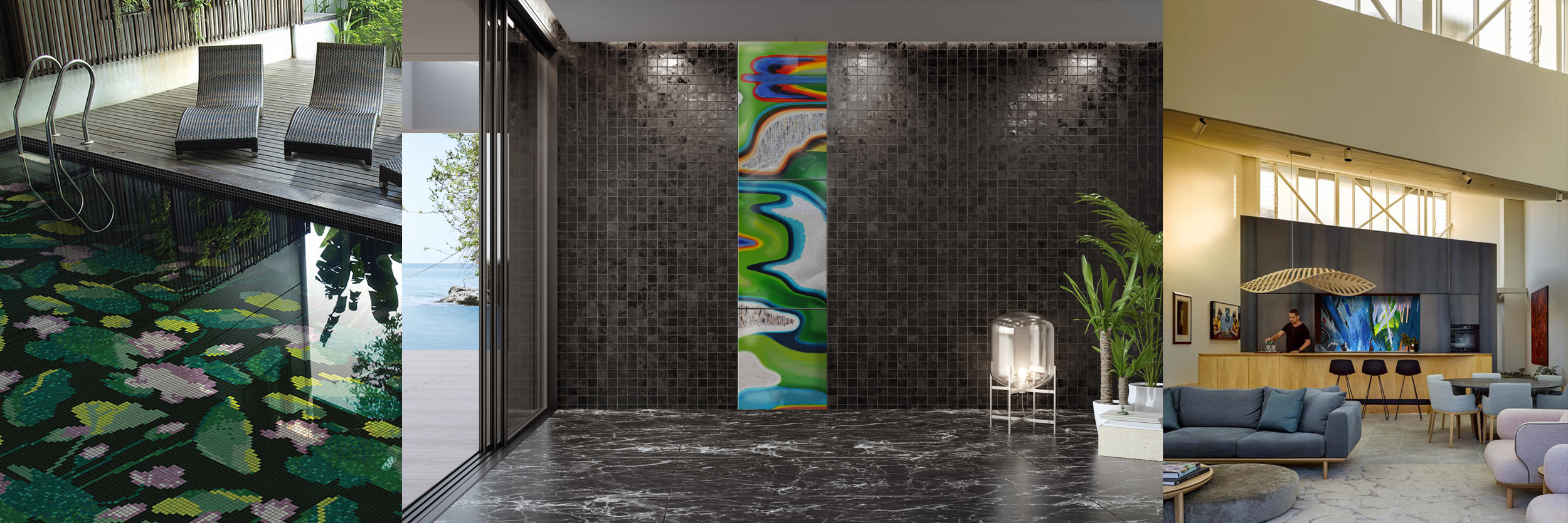 Trade portal banner -showing waterlilly pool mosaic, abstract art tile strip for shower and modern abstract art splashback