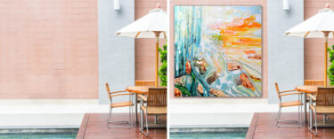 Lovers under Waterfall art delivered as an Outdoor Pool Wall Mural by Sharron Tancred