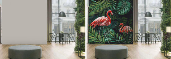 Flamingos in jungle as exotic feature wall made from mosaic