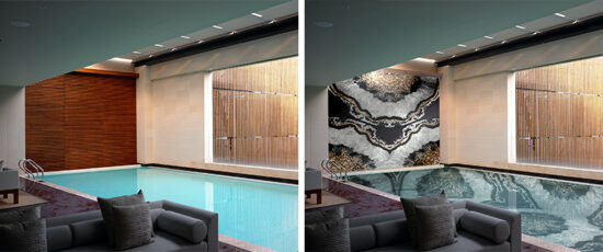 semi-abstract stone like design made from mosaic as a feature wall for a pool an inside the pool