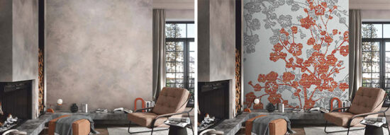 pretty asian style floral in orange and grey mae from mosaic as a feature wall design