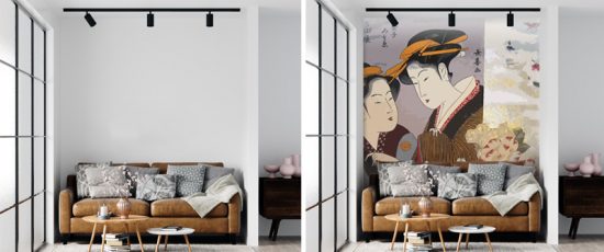 Japanese Kimono fabric design made into a collage and then an art wallpaper for walls sold online by The Mural Shop