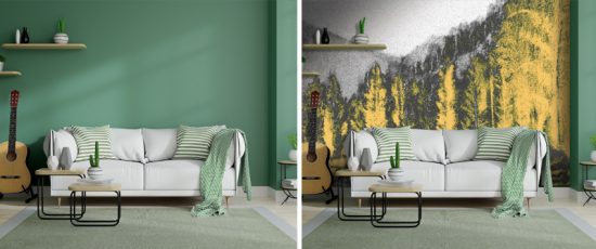 forest scape wallpaper mural in sage and gold for a natural modern decor mural