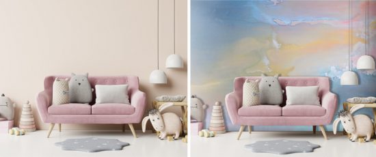 delicate designer wallpaper of watercolour clouds in pastels - lovely for a babies nursery by artist Sharron Tancred