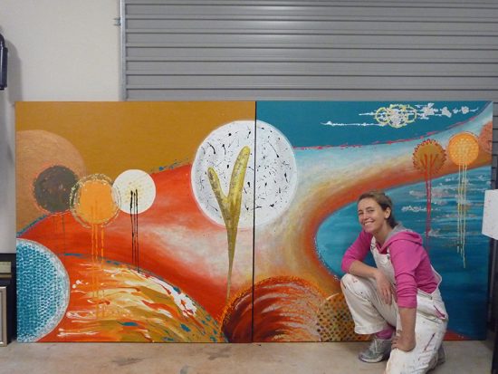 Artist Sharron Tancred with Cedar Vale Seasons art commission for Tailored Artworks - Art sold online as Design Finishes at The Mural Shop Australia 800x600